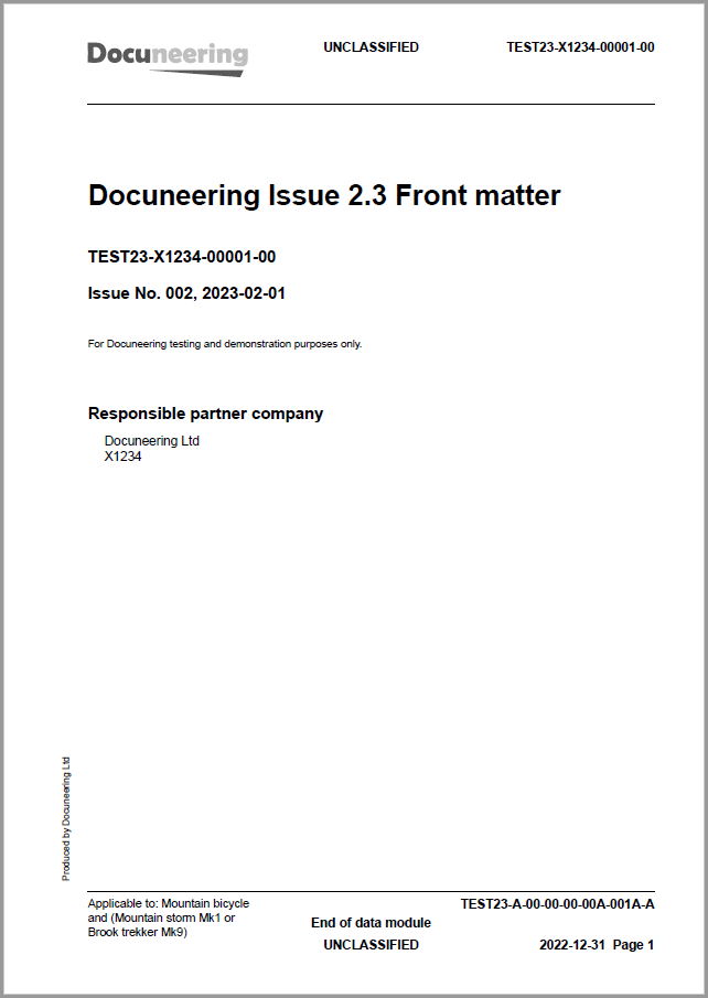 S1000D Issue 2.3 Front Matter Demo Publication